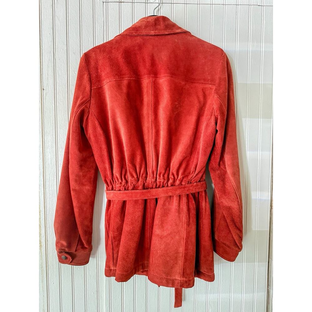 Vintage Red Suede Jacket - Belted Zip Front Western Boho Leather Coat - Small - Picture 3 of 6